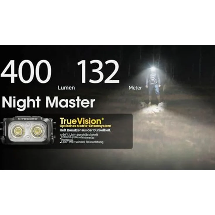 Nitecore NU25 MCT UL, ultraleichte USB-C Stirnlampe mit 400 Lumen, 132 m Reichweite, Nachtsicht und Rotlicht, schwarz – Bild 2