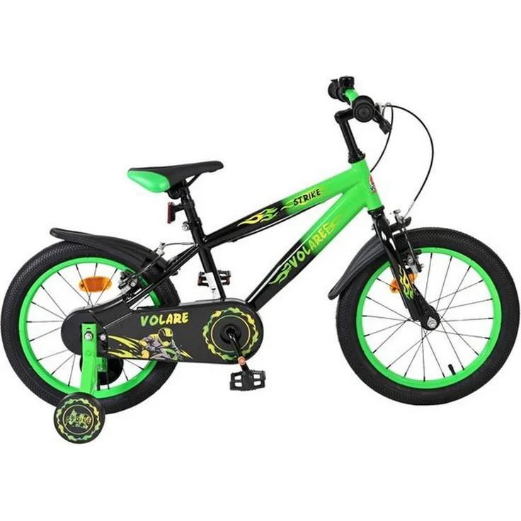 Volare Strike Kinderfahrrad 16 Zoll Jungen, Schwarz Grün, mit zwei Handbremsen, abnehmbaren StütZRädern und höhenverstellbarem Sattel