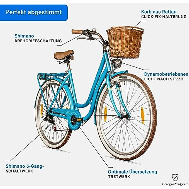 Bergsteiger Marseille 26 Zoll Damenfahrrad, ab 150 cm, Korb aus Rattan, Retro-Design, 6 Gang Tourney Schaltung, Damen-Citybike, Kettenschaltung – Bild 5