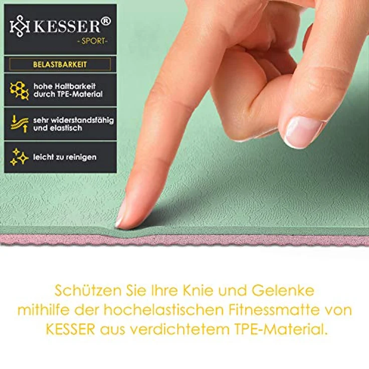 KESSER® Gymnastikmatte mit Tragegurt rutschfest TPE Yogamatte Gepolstert & rutschfest Fitnessmatte, 183 x 61 Trainingsmatte für Fitness Sportmatte, Pilates & Gymnastik Workout extradick (Mint/Rose) – Bild 3