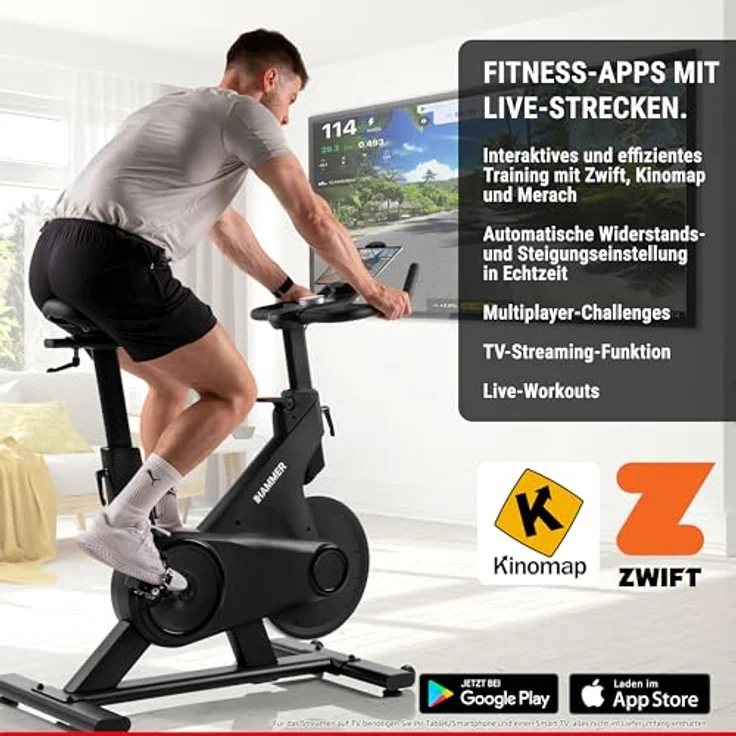 HAMMER Speedbike Speed Race X, Indoor Cycle, 20 kg Schwungmasse, Heimtrainer Fahrrad, Kinomap und Zwift, Hometrainer Fahrrad, Belastbarkeit 130 kg, Schwarz – Bild 3