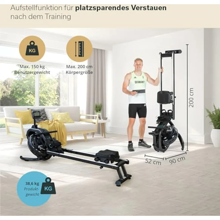 Skandika Wasserrudergerät Nemo IV | Wasser Rudergerät für Zuhause in Studio Qualität durch TÜV Süd geprüft, Kinomap, Tablet Halterung, aufstellbar | Rudermaschine mit Wasserwiderstand (Schwarz) – Bild 3