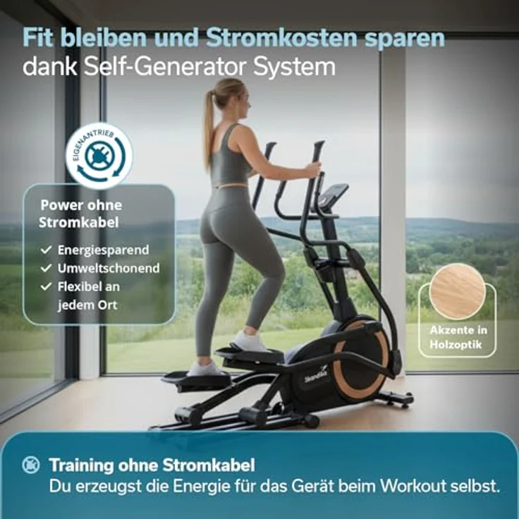 Skandika Crosstrainer Carbon P25-G, klappbar, sehr leise, Generator, 32 Widerstandsstufen, Kinomap App kompatibel, bis 150 kg, kompakt – Bild 2