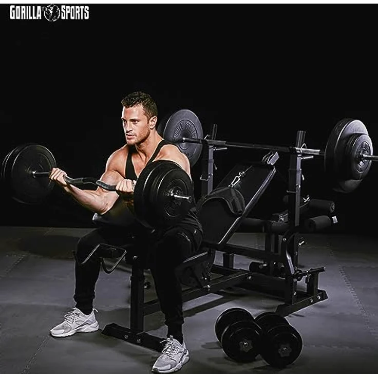 GORILLA SPORTS® Kraftstation Universal Set 46-teilig mit 100 kg Hantelset - Trainingsbank, Fitnessstation, Trainingsstation, Schwarz/Wiß – Bild 9
