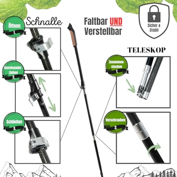Muawo Premium Nordic Walking Stöcke, faltbar und verstellbar, ultraleicht 249g, 105-135cm Teleskopstange, 67% Carbon, komplett mit 3 Aufsätzen, ideal für Trekking und Walking – Bild 4