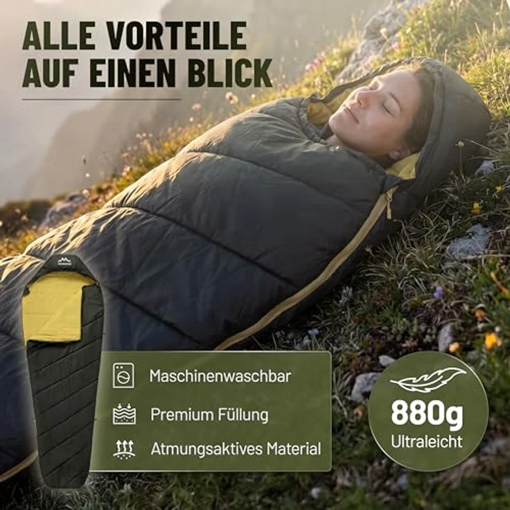 ALPENWERT® Schlafsack Sommer Ultraleicht 220x80cm, Wasserabweisend, YKK Reißverschluss, Kältebrücke, Dunkeloliv/Senfgelb – Bild 2