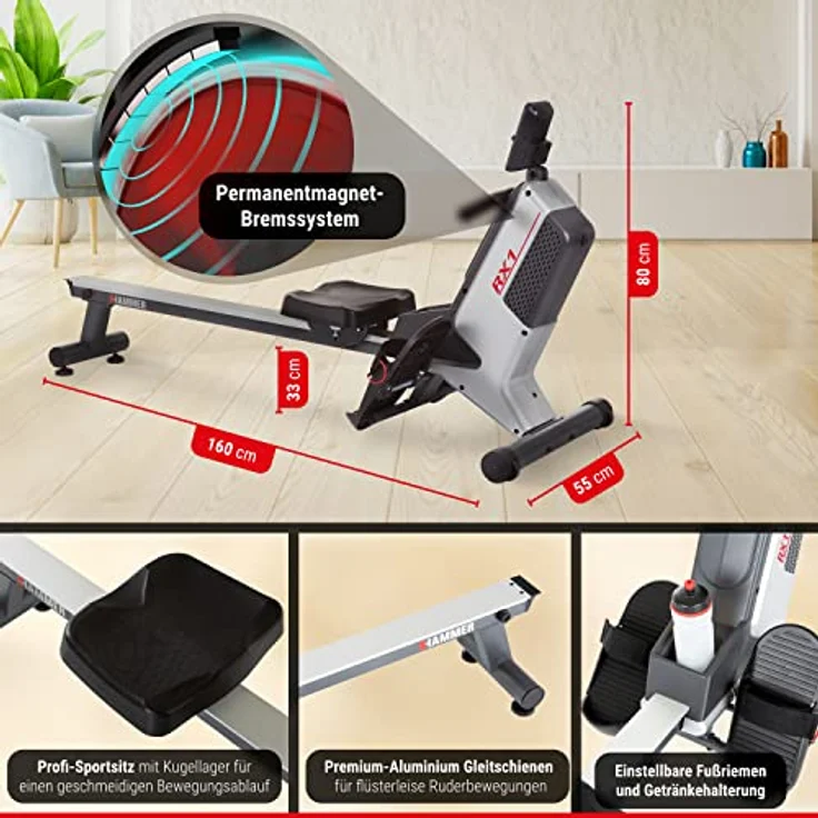 HAMMER Rudergerät RX1 für zu Hause - klappbare Rudermaschine mit Magnetbremssystem, kugelgelagertem Sitz, bis 120 kg Nutzergewicht & integriertem Pulsempfänger für Brustgurte – Bild 2