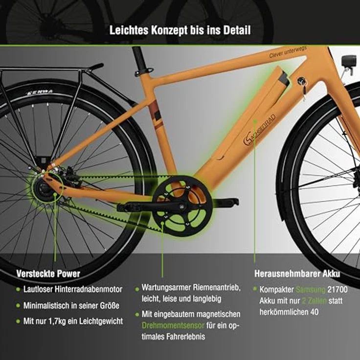 SachsenRAD C3T Urban Trekking E-Bike, 28 Zoll, 250W Motor, Riemenantrieb, 18kg ultraleicht, orange – Bild 5