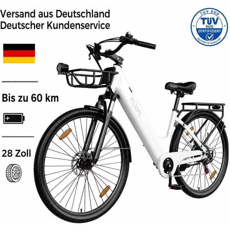 PIXAR C1 Pedelec 28 Zoll, 36V 13Ah Akku bis 50km Reichweite, Shimano 7-Gang, 250W, schwarz
