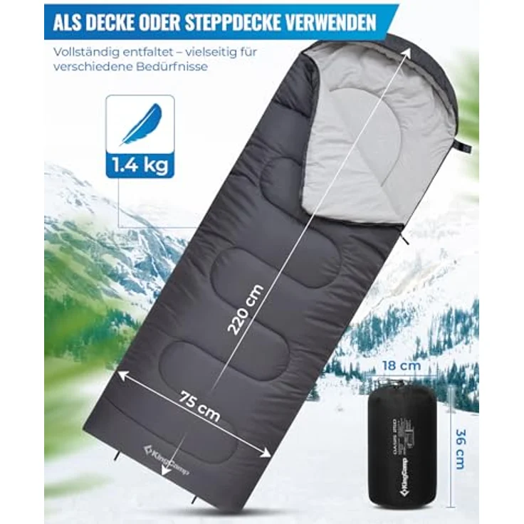 KingCamp Oasis Deckenschlafsack für Erwachsene, leichtgewichtig, 3 Jahreszeiten, Grau, 220 × 75 cm, wasserabweisend, Komfort bis 12°C – Bild 2