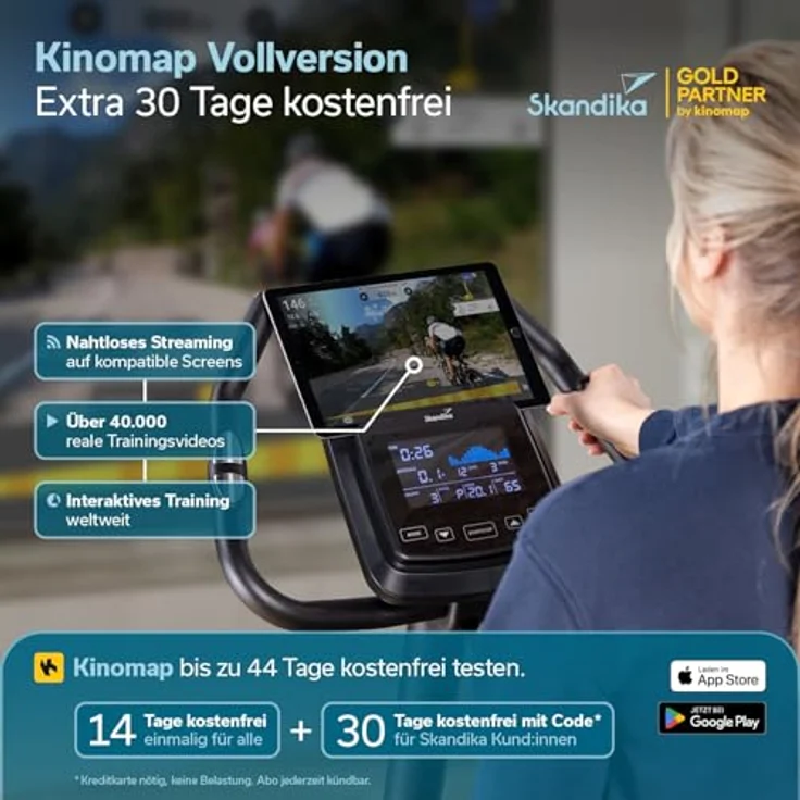 Skandika Ergometer Treliv P8, Heimtrainer aus schwarzem Eisen mit MDF Holz, Magnetbremse 32 Stufen, LED Display, 22 Programme, Bluetooth Kinomap App kompatibel, bis 120 kg – Bild 5