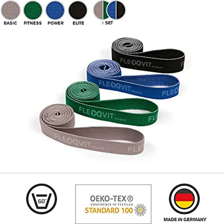 FLEXVIT Revolve Fitnessband 4er Set, hypoallergene Pilates-Bänder in hellgrau, grün, blau und schwarz, geeignet für Ganzkörpertraining, HIT und Stabilisation, waschbar, 4 Stärken für Anfänger und Profis – Bild 2
