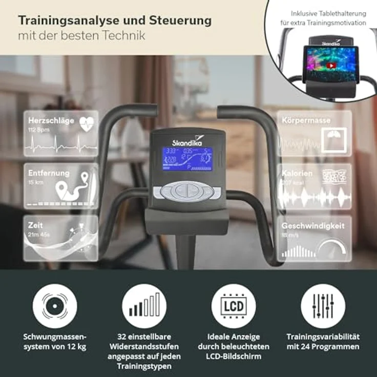 Skandika Ergometer Morpheus | Heimtrainer für Zuhause, 12 kg Schwungmasse, 32 Widerstandsstufen, 24 Programme, App Kompatibel mit Kinomap, Pulsgurt, Tablethalterung | Indoor Fahrrad bis 150 kg – Bild 3