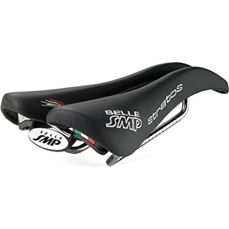 Selle SMP Rennsattel Stratos, schwarzer Fahrradsattel mit Lederdecke und Bestickung, Maße: 266 mm x 131 mm, 250 g