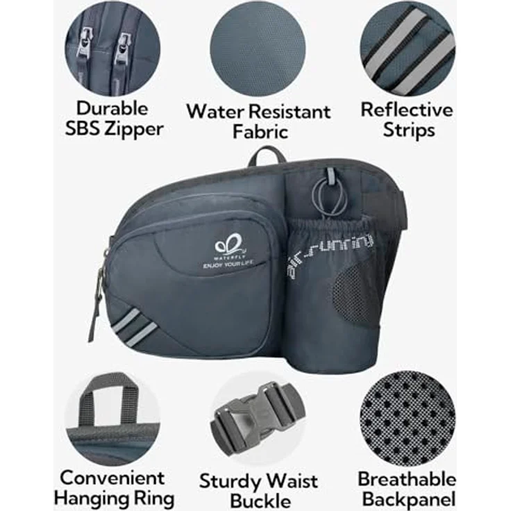 WATERFLY Gürteltasche Bauchtasche mit Flaschenhalter, atmungsaktive Sport Hüfttasche für Laufen, Radfahren und Wandern, Dunkelgrau – Bild 5