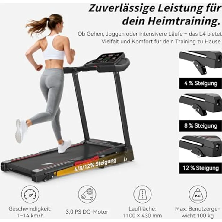 JASPORT L4 Elektrisches Laufband klappbar, 3.0 PS DC-Motor, bis 14 km/h, 3-stufige Steigung, 1100×430 mm Lauffläche, LED-Display, Bluetooth, 100 kg Belastbarkeit – Bild 3