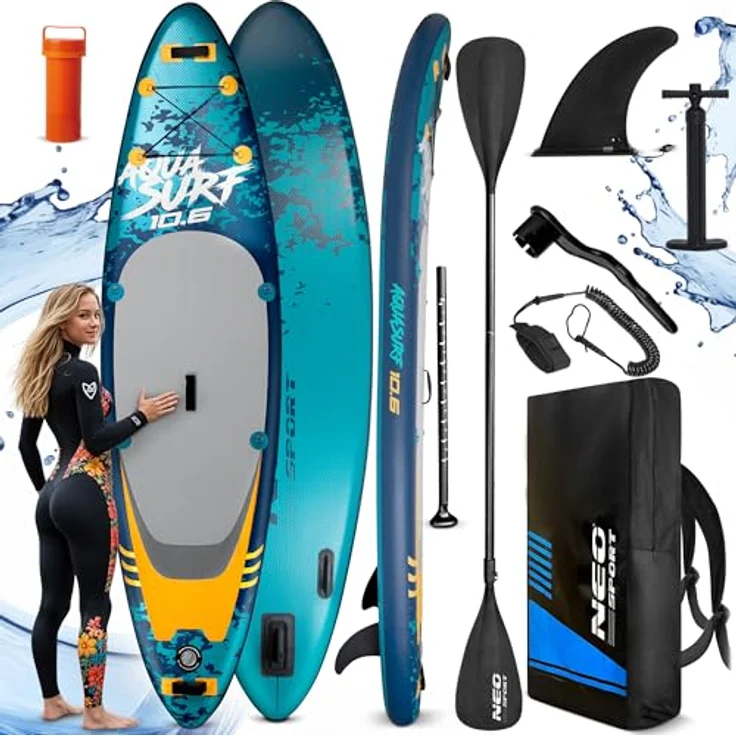Neo-Sport Aquasurf 10.6, Aufblasbares Stand Up Paddle Board Set, 320 cm, inkl. Handpumpe, verstellbarem Paddel, Sicherheitsleine, Rucksack und Reparaturkit, bis 140 kg belastbar – Bild 4