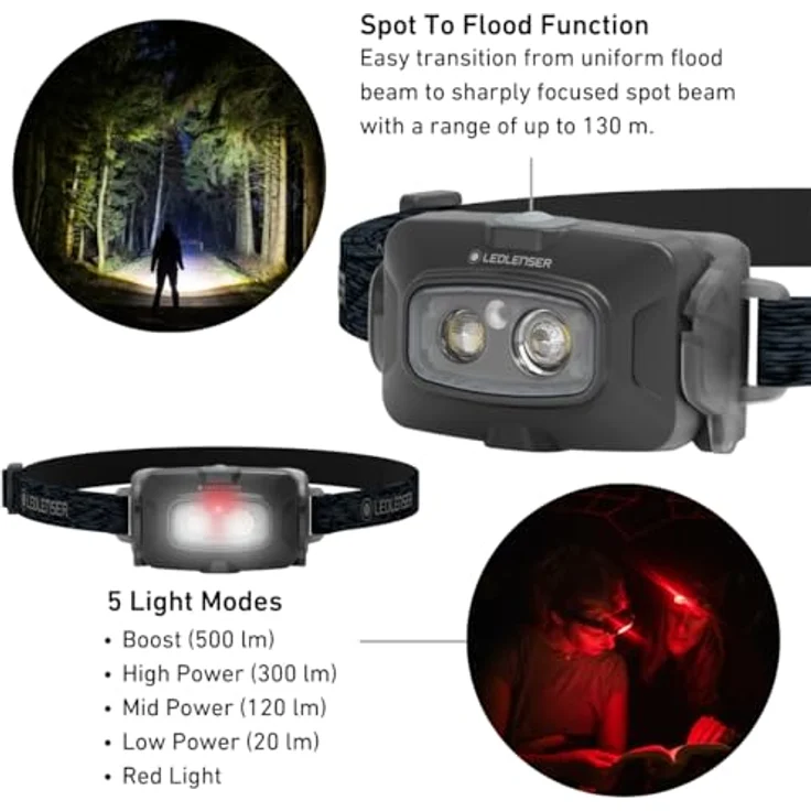 Ledlenser HF4R Core, wiederaufladbare Stirnlampe mit 500 lm, drei Helligkeitsstufen und rotem Frontlicht, schwarz – Bild 2