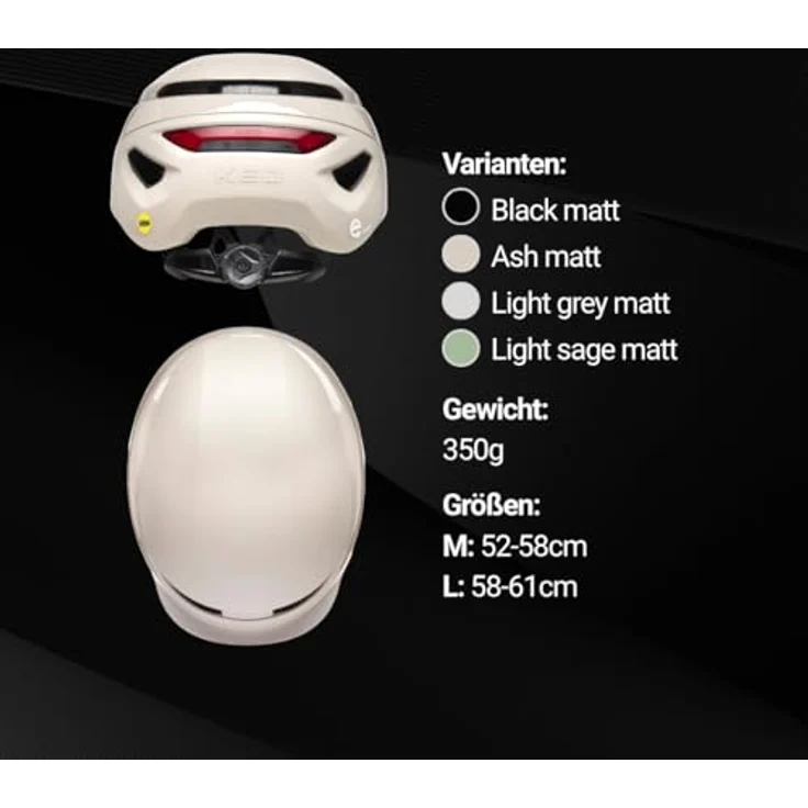 KED Mitro UE-1 M, Fahrradhelm mit MIPS-System und integrierten LED-Modul, Ash Matt, 52-58 cm – Bild 6