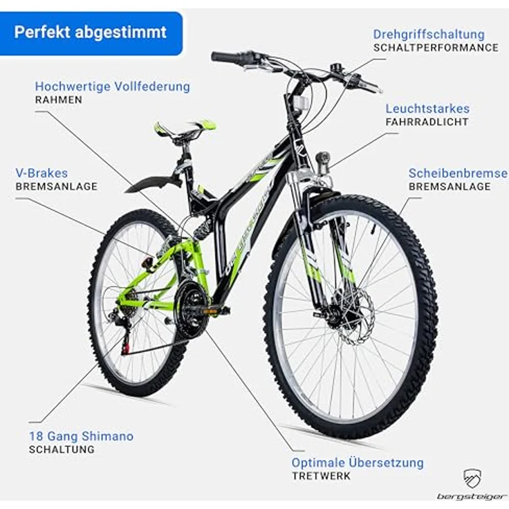 Bergsteiger Buffalo 26 Zoll Mountainbike, 18 Gang-Schaltung, vollgefederter Hi-Ten Stahlrahmen, Scheibenbremse, Licht, Schutzblech, geeignet ab 155 cm – Bild 5