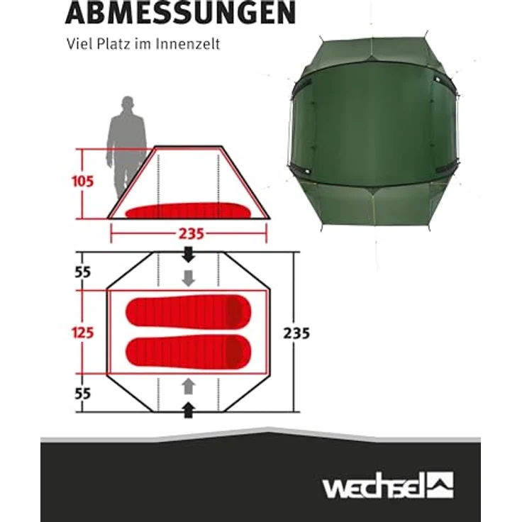 Wechsel Pioneer Tunnelzelt, 2 Personen, 2,1 kg, 3000 mm Wassersäule, zwei Eingänge, 110 cm Stehhöhe – Bild 6