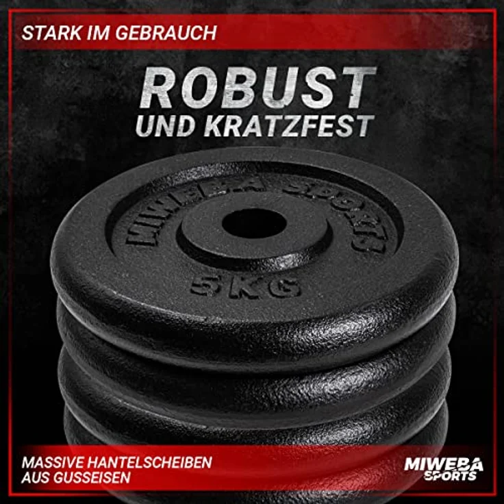 Miweba Sports Hantelscheiben Set HSG75 | 𝐏𝐫𝐨𝐟𝐢 Hanteln - Hantelscheibe - Hantel Scheiben - Gusseisen Gewichte - Ø 30/31 mm - Hantelset - Gewichtsscheiben - Hantelgewicht - Plates (4X 5.0 Kg) – Bild 4