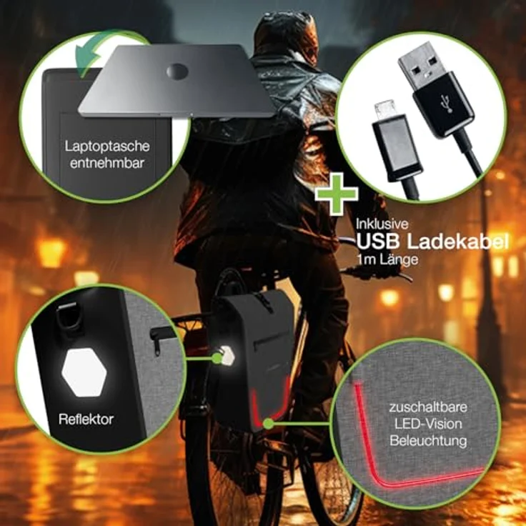 Eloneo Velotasche, 25 l Gepäckträgertasche mit gepolstertem Laptopfach, zuschaltbarer LED-Beleuchtung und Quick-Connect-System, wasserdicht nach IPX4 – Bild 3