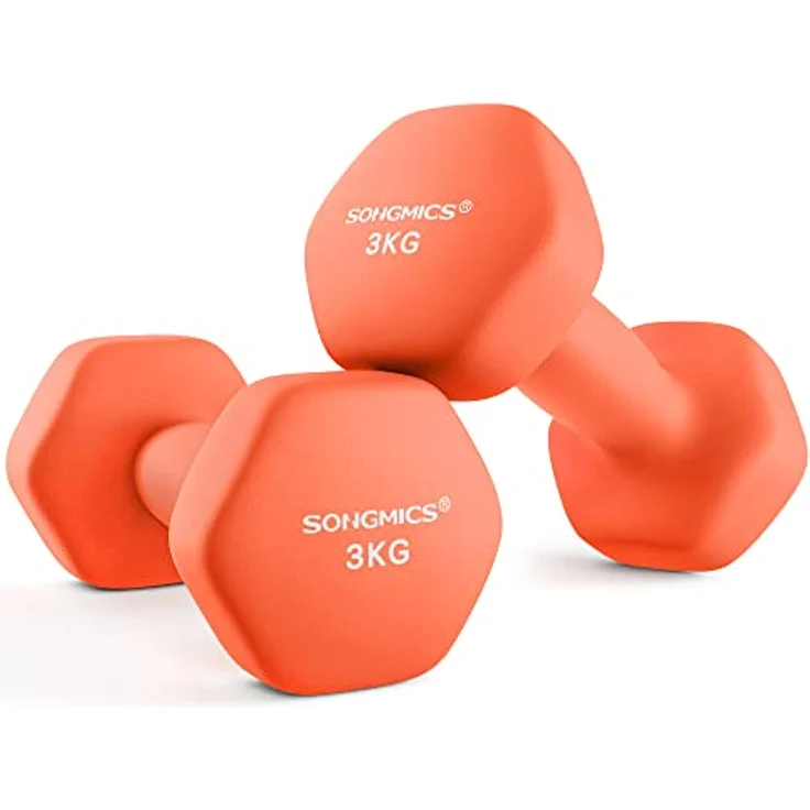 SONGMICS Hanteln, 2er Set, 2 x 3 kg, Hantelset, Kurzhanteln, Hexagon, Neopren-Beschichtung, Krafttraining, Workout, Fitnesstraining, für Zuhause, orange SYL906O01 – Bild 1