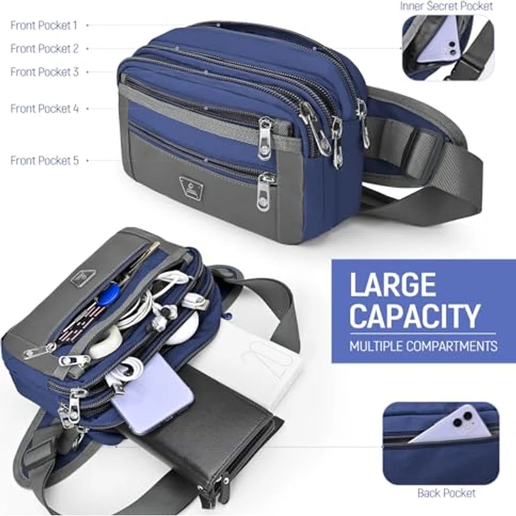 Xoolkly Bauchtasche für Herren und Damen, Gürteltasche mit 7 Reißverschlusstaschen, verstellbarer Hüftgurt, blau – Bild 2