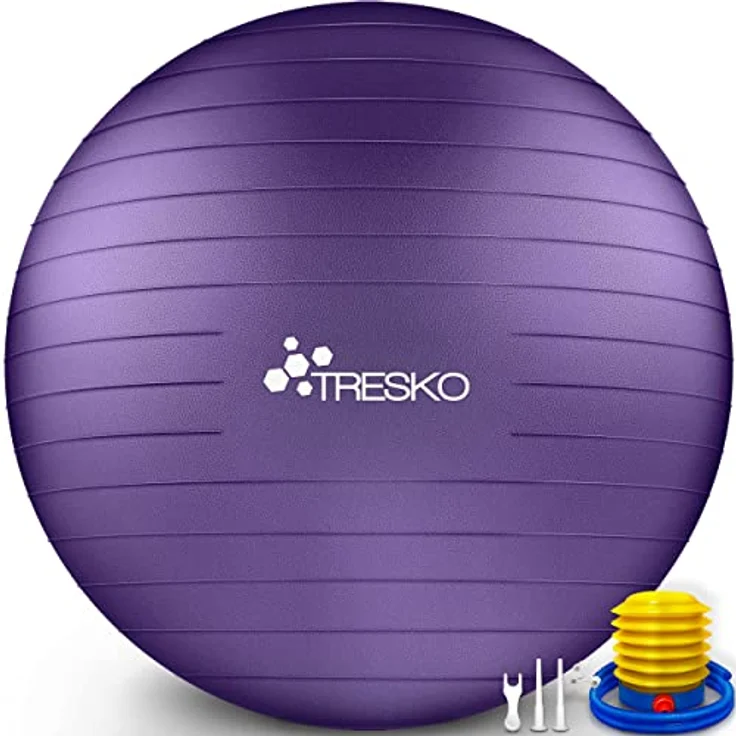 TRESKO Gymnastikball mit GRATIS Übungsposter inkl. Luftpumpe - Yogaball BPA-Frei | Sitzball Büro | Anti-Burst | 300 kg,Lila,85cm (für Körpergröße über 185cm) – Bild 1