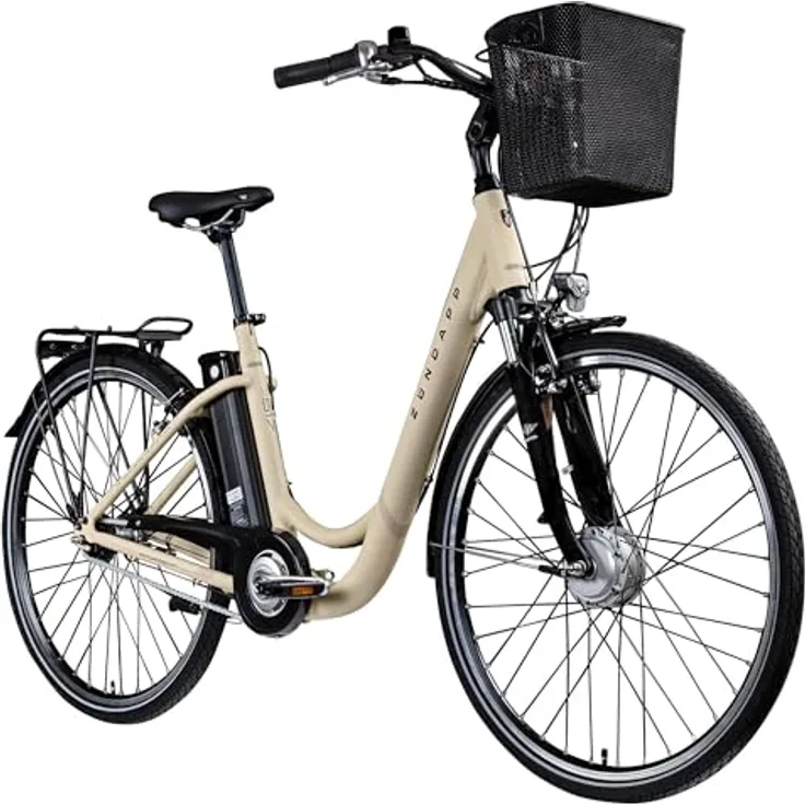 Zündapp Z517 E Bike Damenfahrrad, 28 Zoll, 155-190 cm, 7 Gang Nabenschaltung, Rücktrittbremse, Vorderradmotor, 374 Wh Akku, inklusive Beleuchtung und Frontkorb