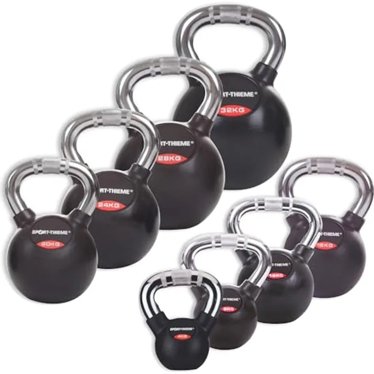 Sport-Thieme Gusseisen Kettlebell, gummiert mit rutschfestem Chrom-Griff, 11 Gewichtsklassen von 4 kg bis 32 kg, schwarz, Markenqualität