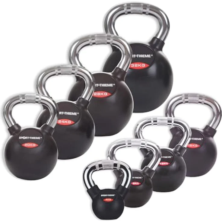 Sport-Thieme Gusseisen Kettlebell gummiert | Chrom-Griff, 11 Gewichtsklassen: 4 kg - 32 kg | Schwarz | Markenqualität – Bild 1