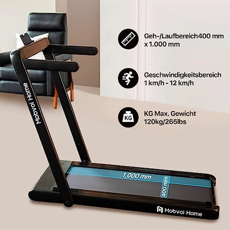 Mobvoi Home Laufband für Zuhause Klappbar 2,25 Ps Elektrisch Walking pad 12 KM/H eingebauter Bluetooth-Lautsprecher Fernbedienung Lauf- und Laufgerät für Heimfitnessübungen,Schwarz – Bild 2