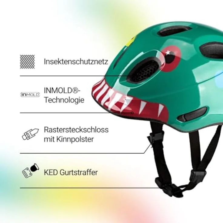 KED Meggy Spark Kinderfahrradhelm, Inmold, 360° Verstellsystem, Reflektoren, Insektenschutznetz, Monster Mood Green, Größe 45-50 (S) – Bild 2