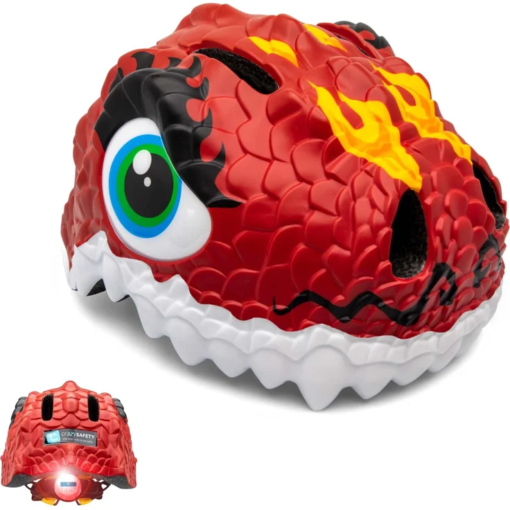 Crazy Safety Dragon Fahrradhelm, Kinderhelm mit rotem Drachen-Design, EN1078-zertifiziert, integriertes LED-Licht, 49-59 cm Kopfumfang