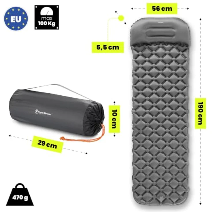HyperMotion Campmat, ultraleichte Isomatte 190x56 cm mit integriertem Kopfkissen, grau – Bild 9