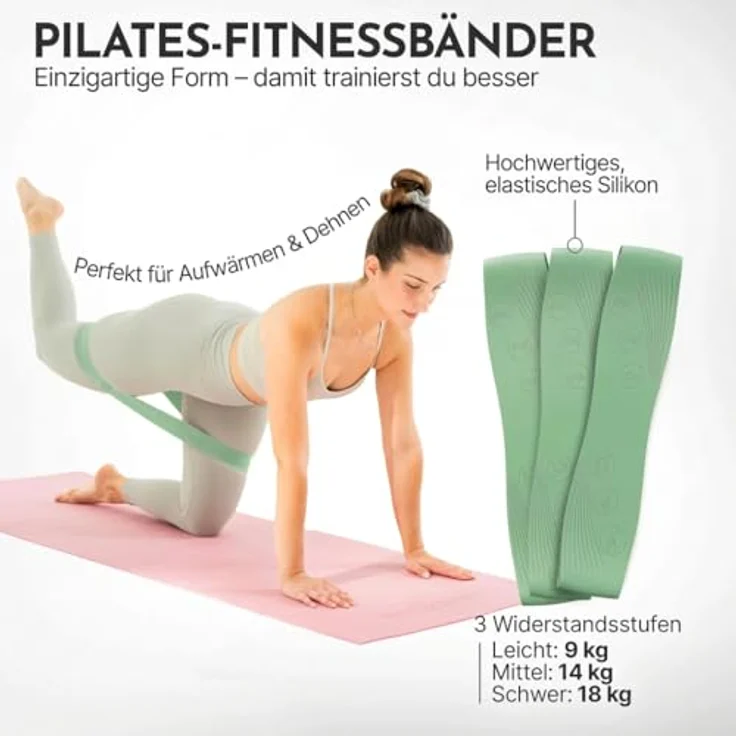 NEOLYMP Pilates Fitnessbänder 3er Set, Widerstandsbänder 9/14/18 kg, rutschfestes Silikon Gymnastikband für Pilates, Yoga & Bauch Beine Po, Matcha – Bild 2