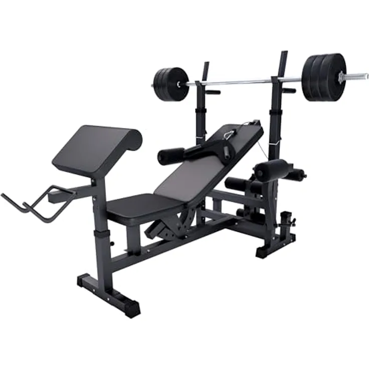 GORILLA SPORTS® Hantelbank mit Gewichten - 170 cm Hantelstange, 40/70/100 kg Hantelset, Beincurler, Butterfly, Dip-Station, Curlpult - Trainingsbank, Fitnessstation, Kraftstation mit Langhantel, Schwarz