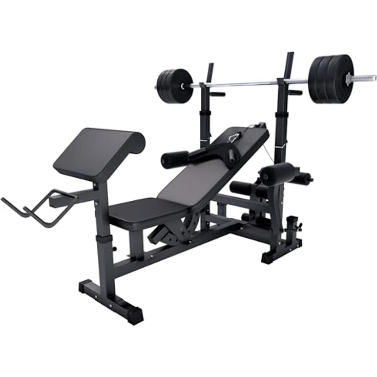 GORILLA SPORTS® Hantelbank mit Gewichten - 170 cm Hantelstange, 40/70/100 kg Hantelset, Beincurler, Butterfly, Dip-Station, Curlpult - Trainingsbank, Fitnessstation, Kraftstation mit Langhantel, Schwarz – Bild 1