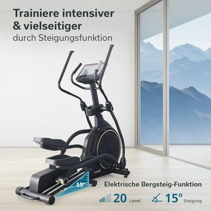 Skandika Crosstrainer Carbon P30-S, Ellipsentrainer mit Touchscreen, Steigung bis 15°, 32 Widerstandsstufen, bis 150 kg, App-kompatibel, mattschwarz – Bild 2