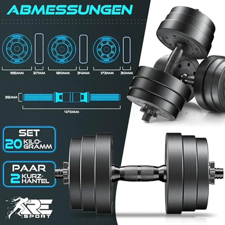 RE:SPORT 2er Hanteln Set verstellbar 15/20/30/40 kg, inkl. 4 Sternverschlüsse & Sicherungsringe, ergonomische Kurzhanteln für Zuhause und Fitness, bodenschonend mit Kunststoffüberzug – Bild 2