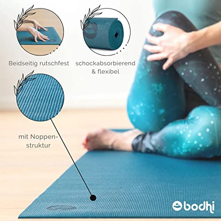Bodhi Yogamatte Asana | Rutschfeste Übungsmatte | Schadstofffrei & Waschbar | Matte aus PVC | Fitnessmatte für Yoga, Pilates & Gymnastik | Antirutschmatte für deine Yogapraxis | Hellblau – Bild 4