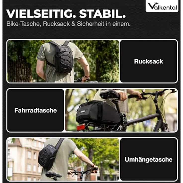 Valkental 3in1 Fahrradtasche für Gepäckträger, wasserfest und reflektierend, Rucksackfunktion, 10-14L Volumen, zahlreiche Fächer, schwarz/grau – Bild 5