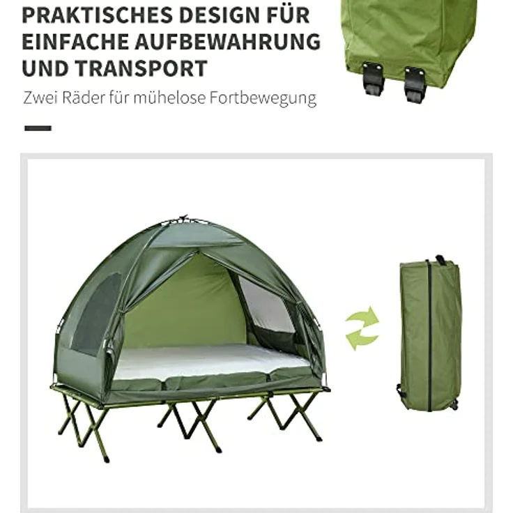 Outsunny Erhöhtes Campingbett und Zelt, Feldbett, Kuppelzelt mit Luftmatratze und Pumpe, TAFT, Grün, 193 x 136 x 178 cm – Bild 4