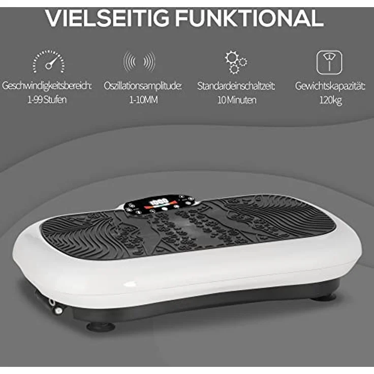 HOMCOM Vibrationsplatte mit 2 Fitnessbändern 99 Vibrationsstufen 120 kg Belastbarkeit Rüttelplatte Fitnessgeräte für Ganzkörpertraining zu Hause mit LCD-Anzeige 200W 73 x 40 x 13cm Weiß+Schwarz – Bild 3