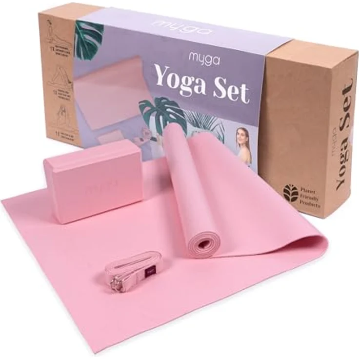 Myga Yoga Starter Kit, Komplettes Set mit rutschfester Yogamatte (4 mm), Yogablock und Gurt, ideal für Anfänger und Reisen, rosa – Bild 1
