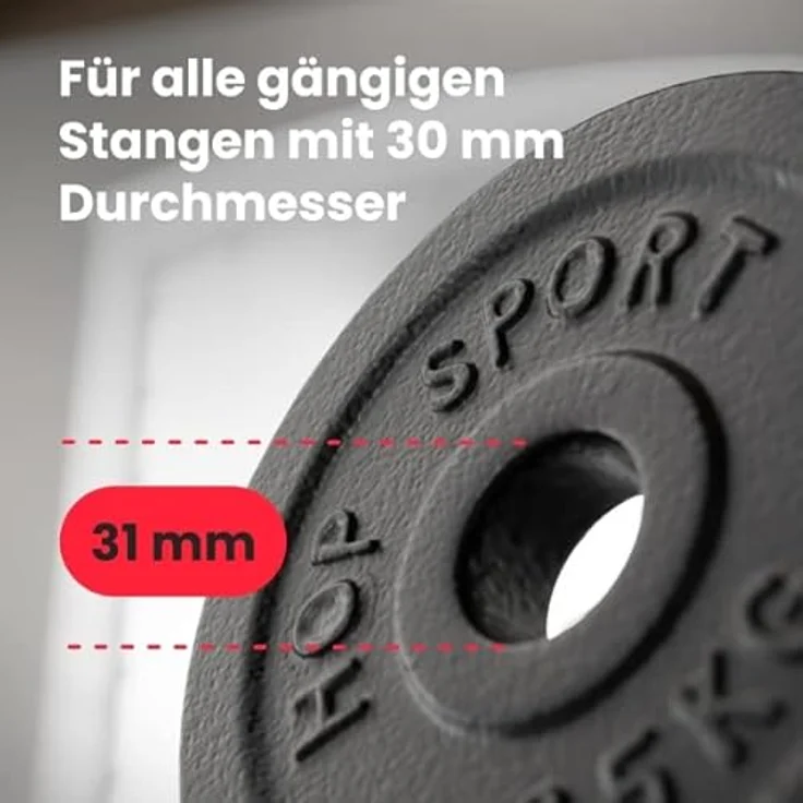 Hop-Sport 20 kg Gusseisen Hantelscheiben 30mm Set 4 x 5 kg / 2 x 10 kg - Guss Gewichte Hantel Set 30/31 mm Bohrung (4 x 5 kg) – Bild 2