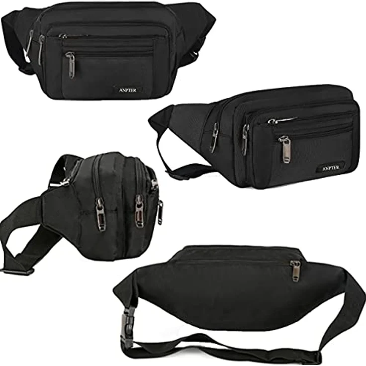 ANPTER Gürteltasche Bauchtasche Hüfttasche mit 5 Reißverschlusstaschen, verstellbarer Gurt, schwarz, Ideal für Outdoor Aktivitäten und Sport – Bild 3