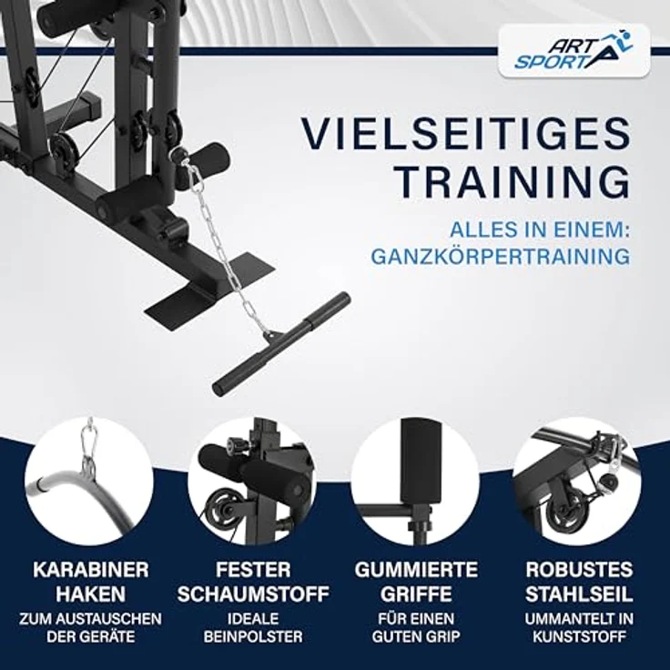 ArtSport Kraftstation ProfiGym 3000 mit 14 Gewichten, 77 kg - Bizeps, Lattzug, Butterfly, Brust- & Beinpresse - Fitnessstation für Zuhause - Schwarz – Bild 3